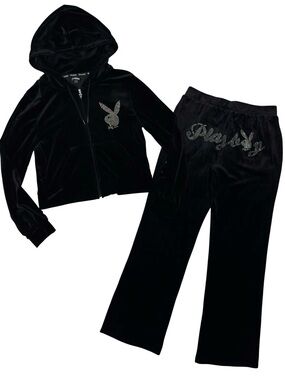 Playboy | Y2K Style Black Velour Rhinestone Logo Tracksuit Sweatpants and Hoodie